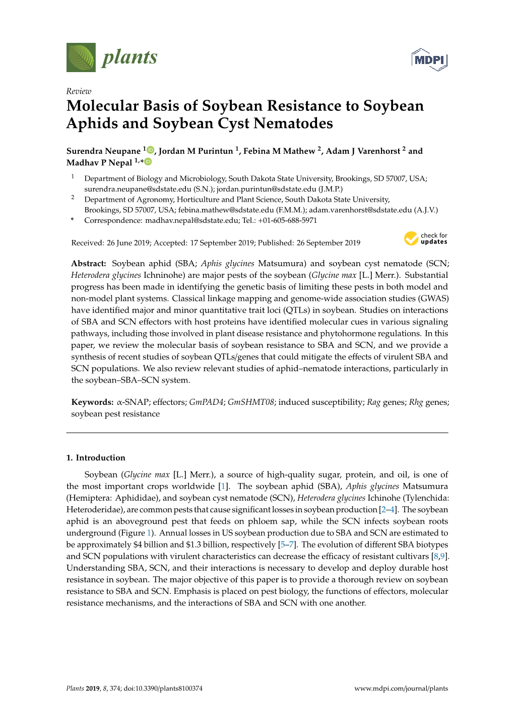 Molecular Basis of Soybean Resistance to Soybean Aphids and Soybean Cyst Nematodes