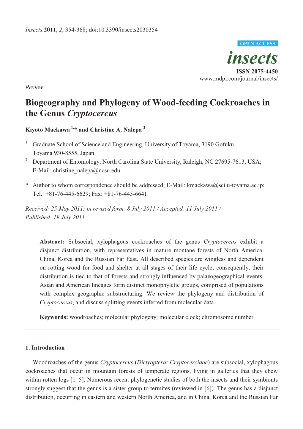 Biogeography and Phylogeny of Wood-Feeding Cockroaches in the Genus Cryptocercus