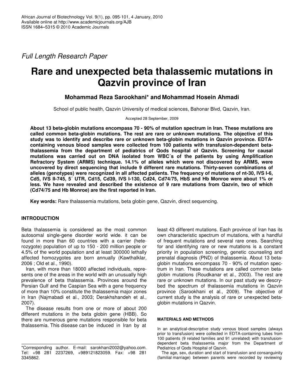 Rare and Unexpected Beta Thalassemic Mutations in Qazvin Province of Iran