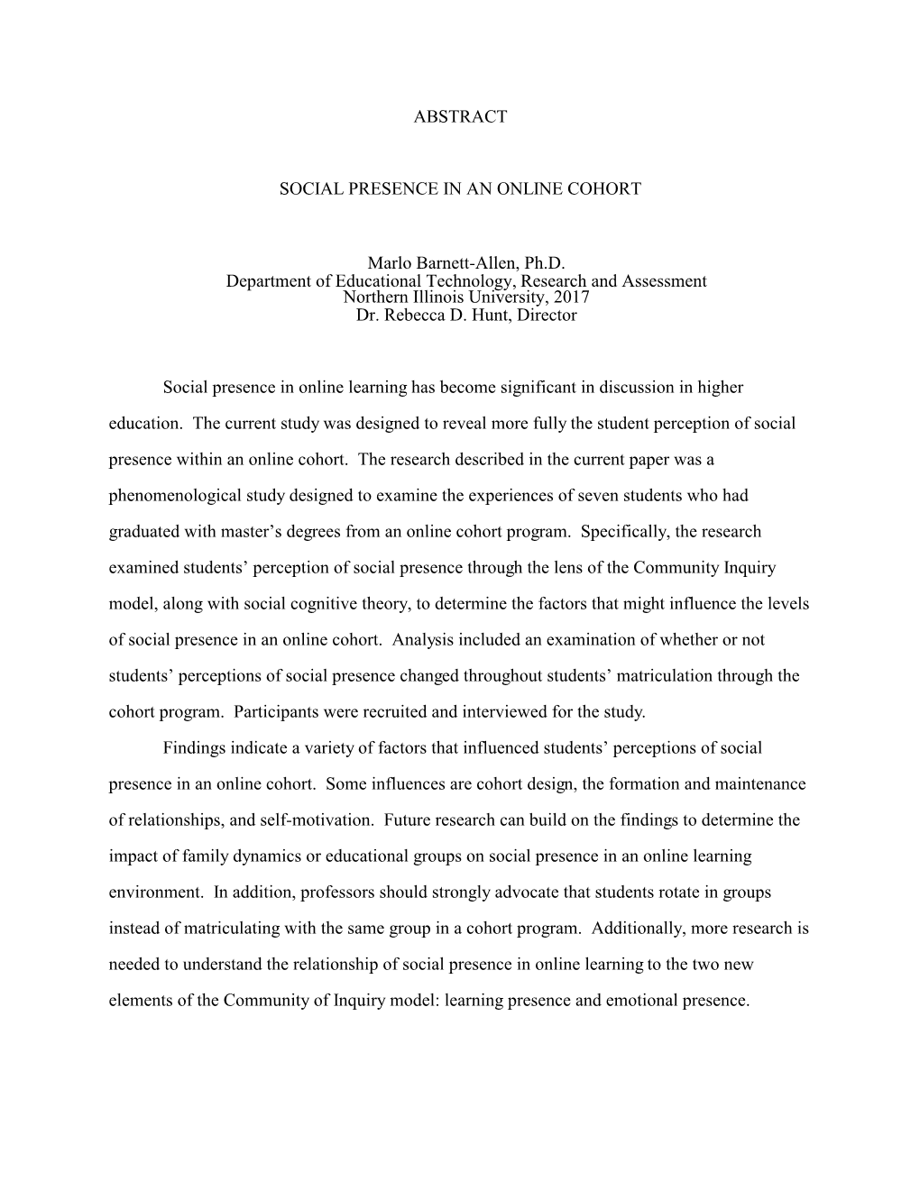 ABSTRACT SOCIAL PRESENCE in an ONLINE COHORT Marlo