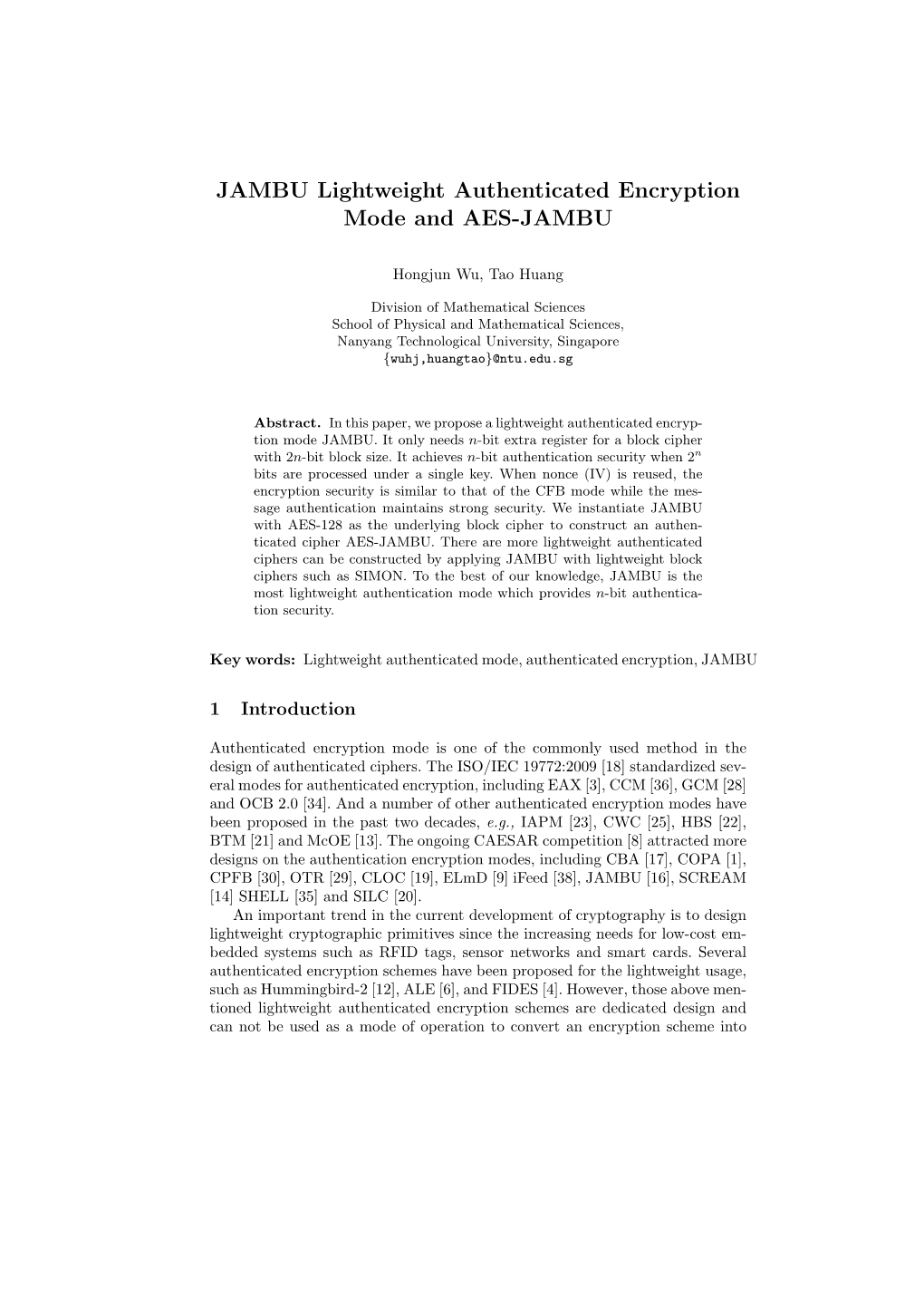 JAMBU Lightweight Authenticated Encryption Mode and AES-JAMBU