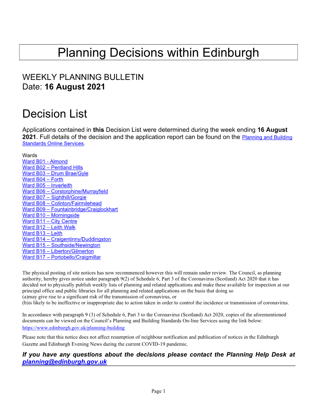 WEEKLY PLANNING BULLETIN Date: 16 August 2021