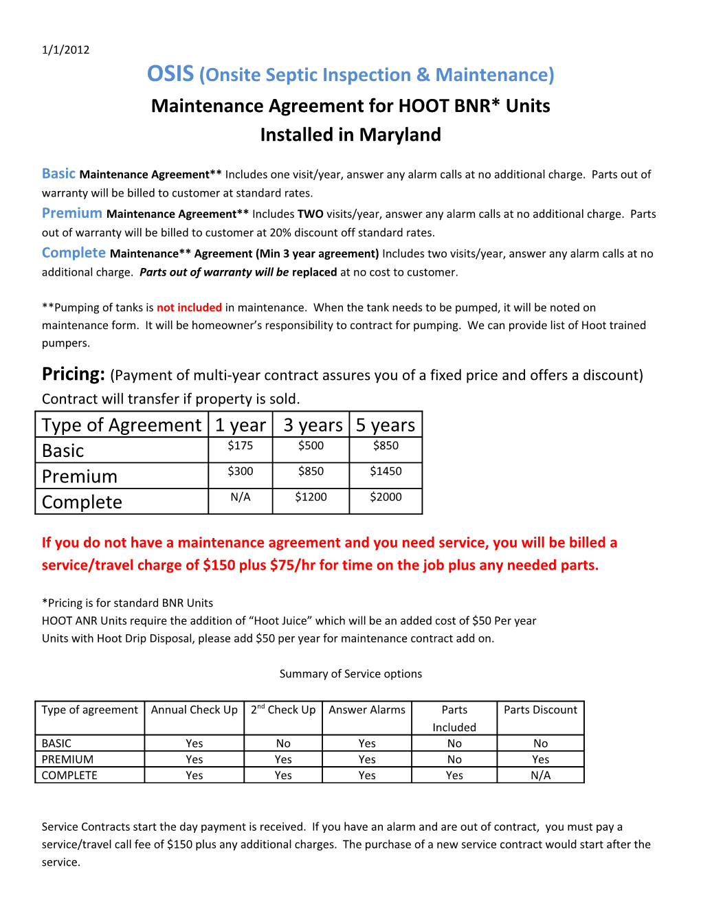 Maintenance Agreement for HOOT BNR* Units