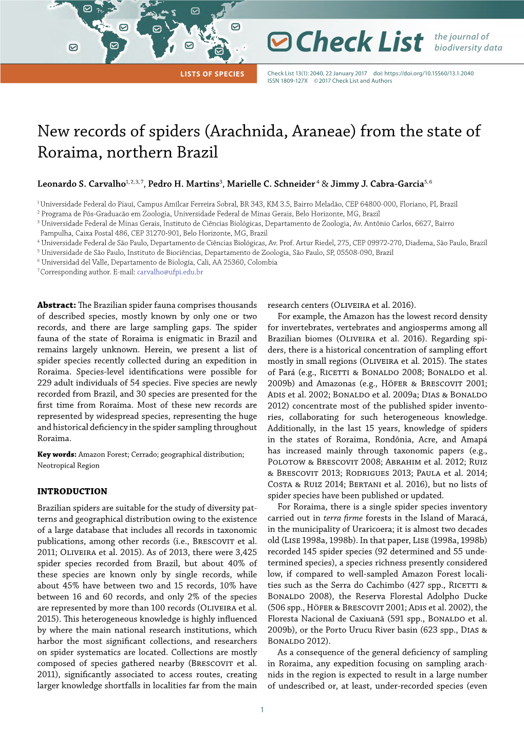 New Records of Spiders (Arachnida, Araneae) from the State of Roraima, Northern Brazil