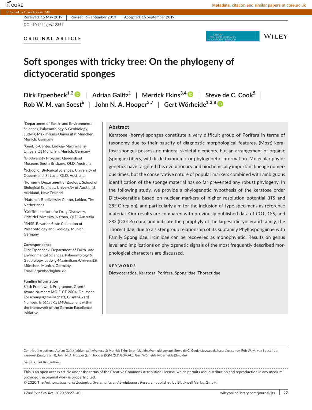 On the Phylogeny of Dictyoceratid Sponges