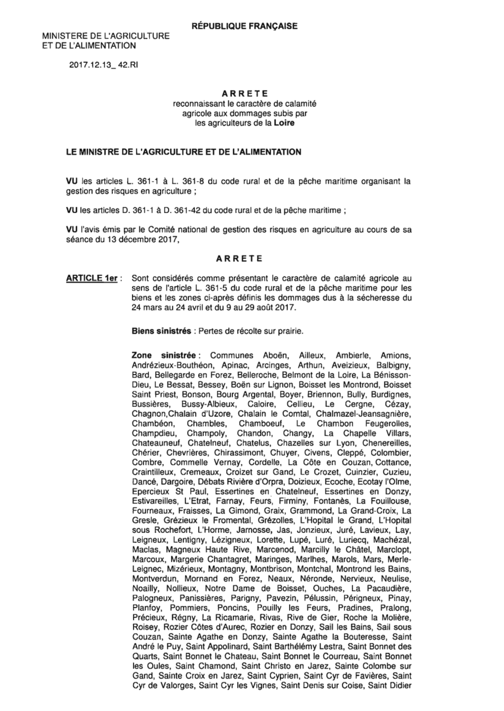 ARRETE De Reconnaissance De La Sècheresse