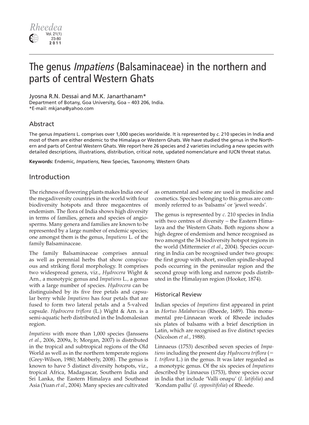 The Genus Impatiens (Balsaminaceae) in the Northern and Parts of Central Western Ghats