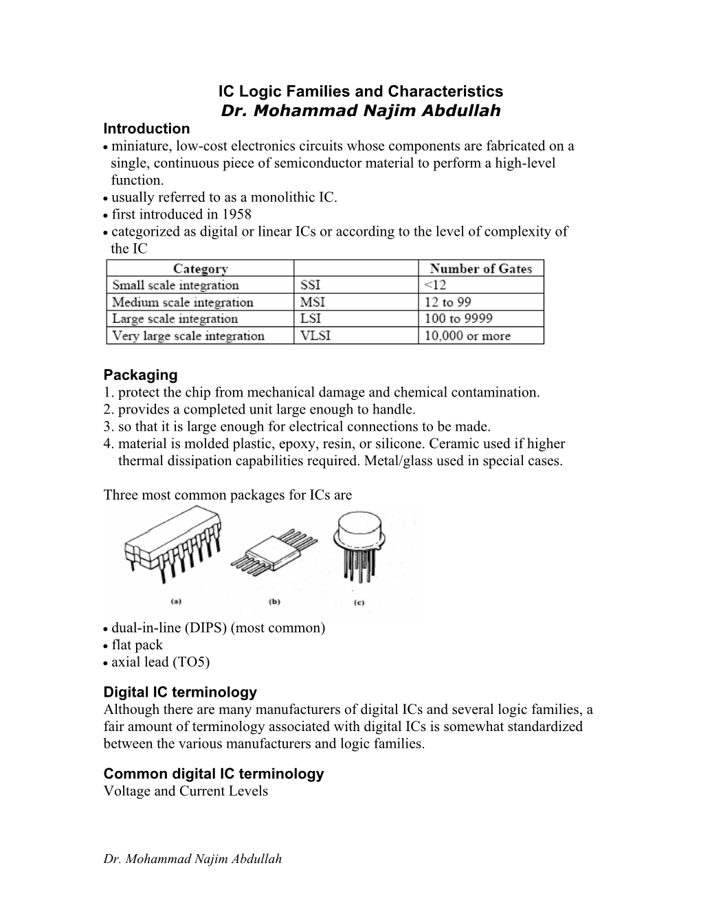 IC Logic Families and Characteristics Dr. Mohammad Najim Abdullah