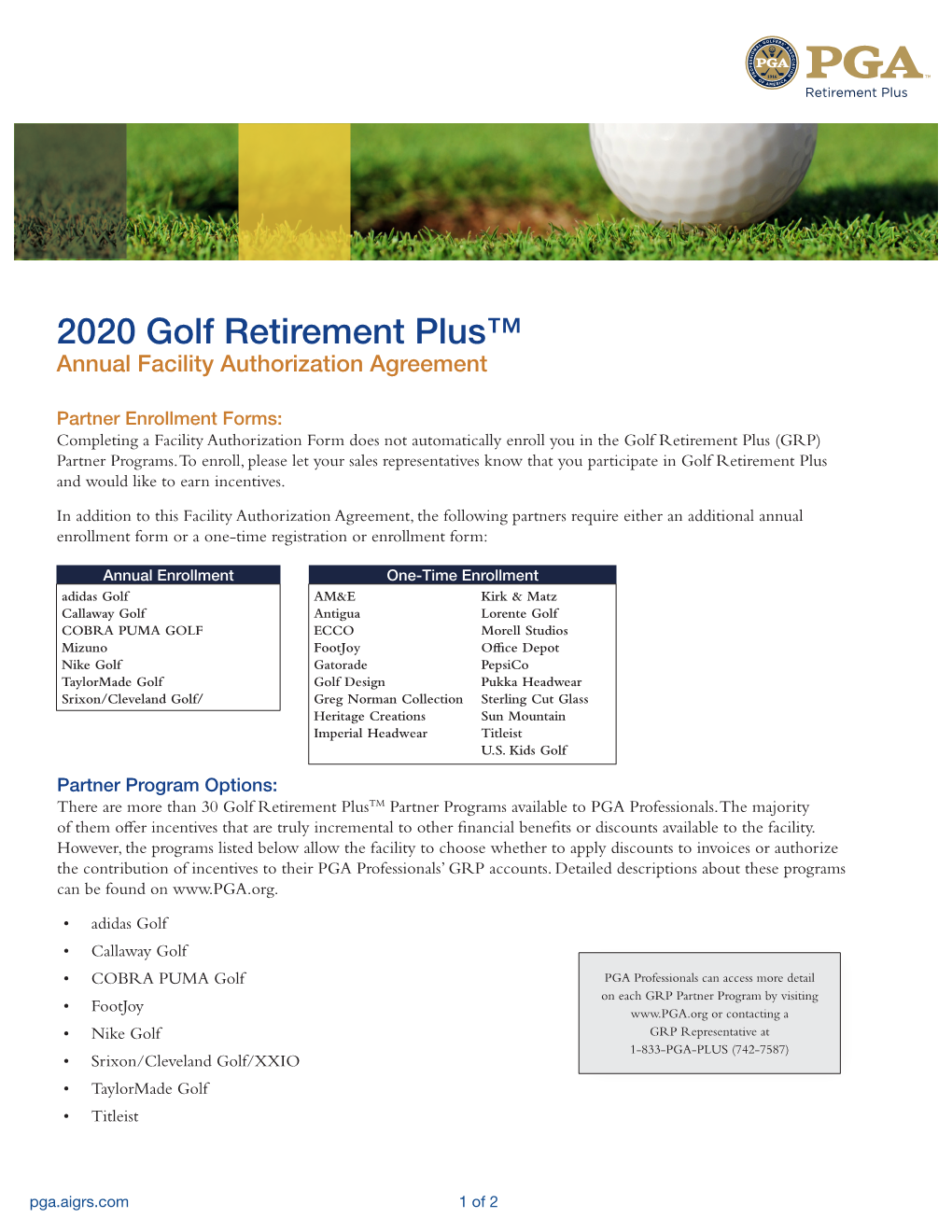 2020 Golf Retirement Plus™ Annual Facility Authorization Agreement