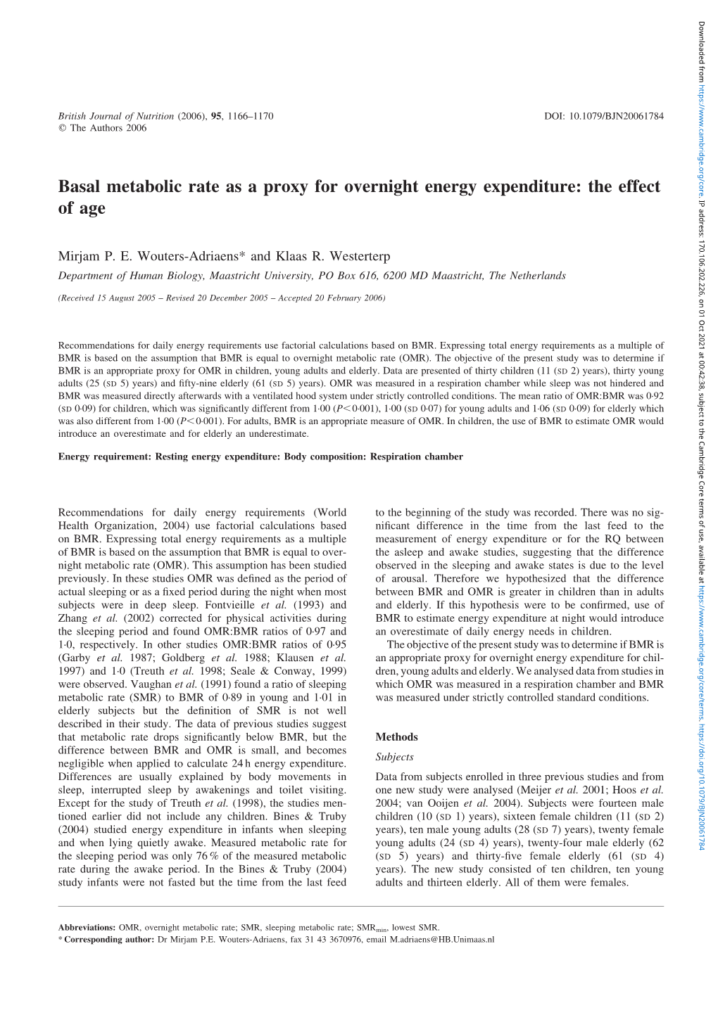 Basal Metabolic Rate As a Proxy for Overnight Energy Expenditure: the Effect