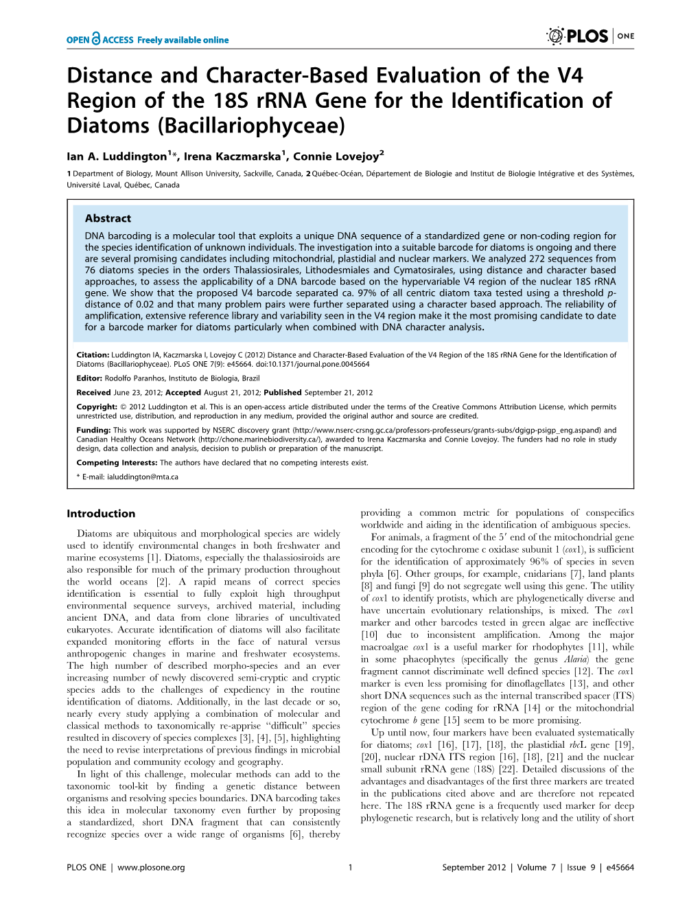 Distance and Character-Based Evaluation of the V4 Region of the 18S Rrna Gene for the Identification of Diatoms (Bacillariophyceae)