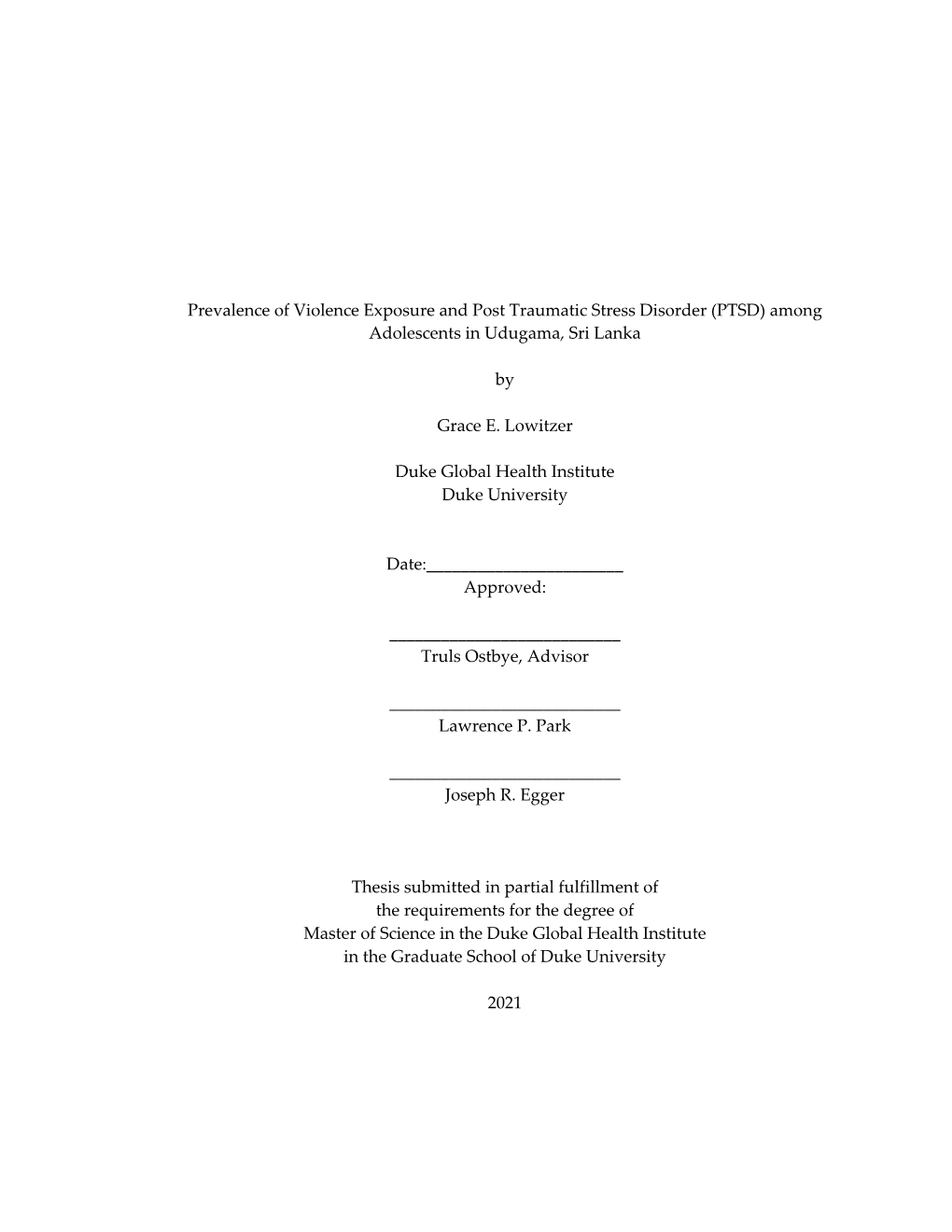 Prevalence of Violence Exposure and Post Traumatic Stress Disorder (PTSD) Among Adolescents in Udugama, Sri Lanka