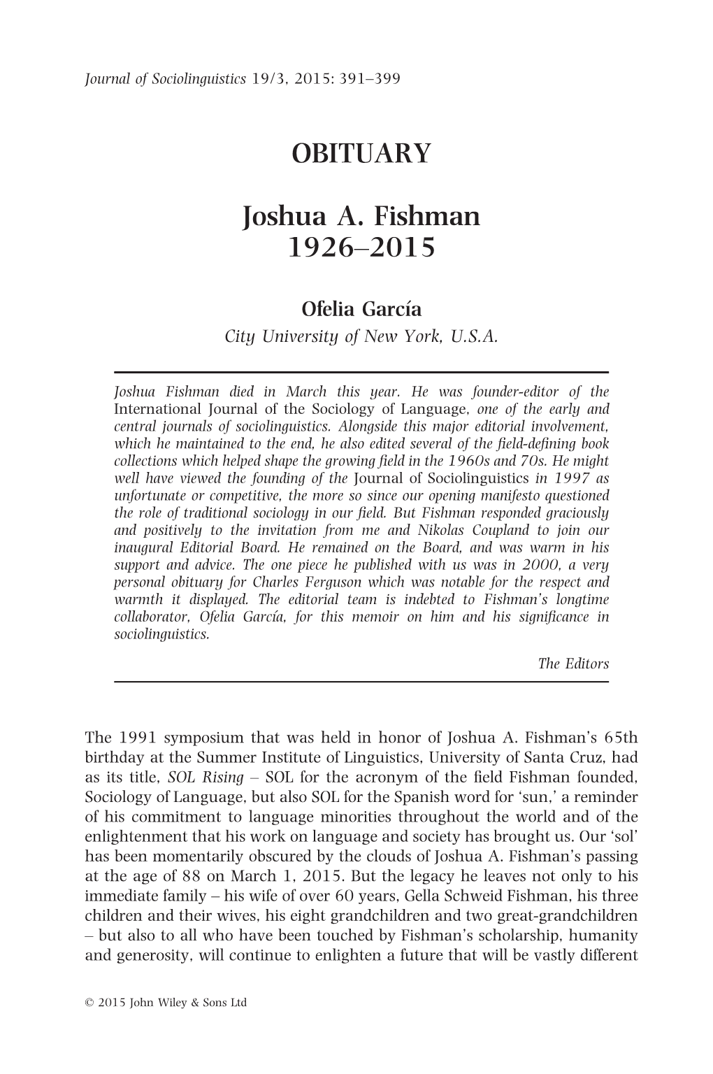 Joshua A. Fishman 1926–2015