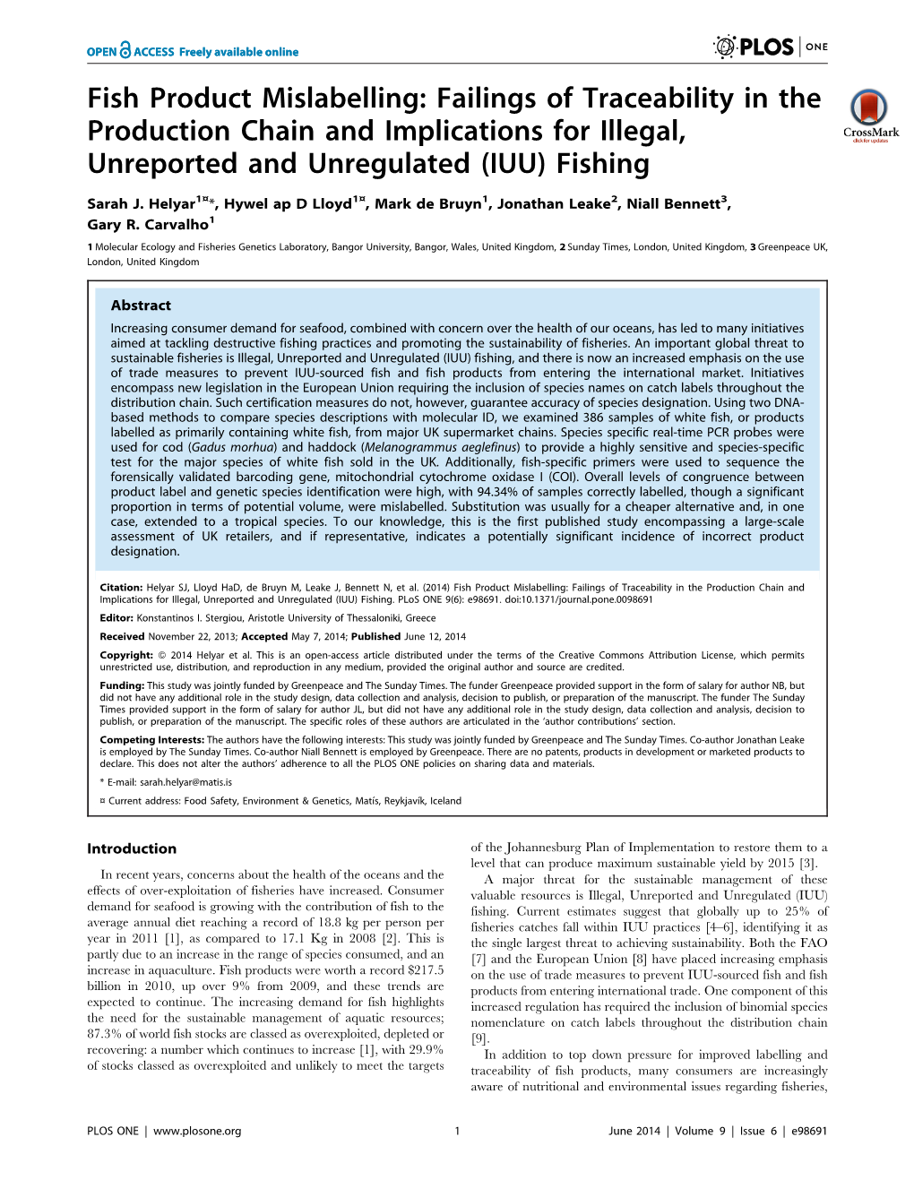 Fish Product Mislabelling: Failings of Traceability in the Production Chain and Implications for Illegal, Unreported and Unregulated (IUU) Fishing