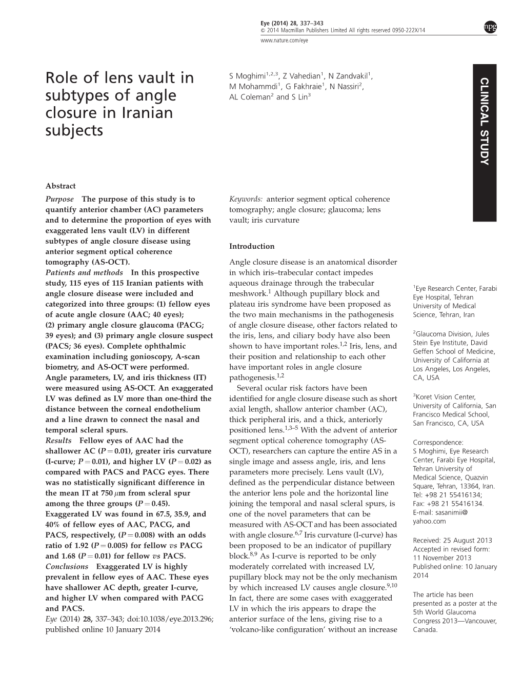 Role of Lens Vault in Subtypes of Angle Closure in Iranian Subjects