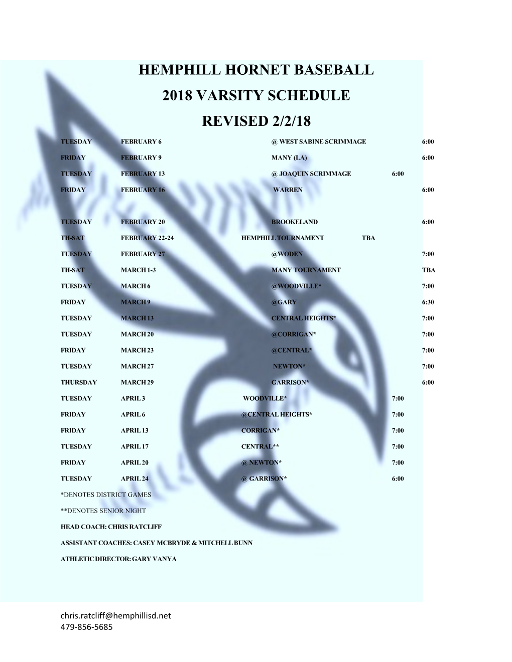 2018 Varsity Schedule