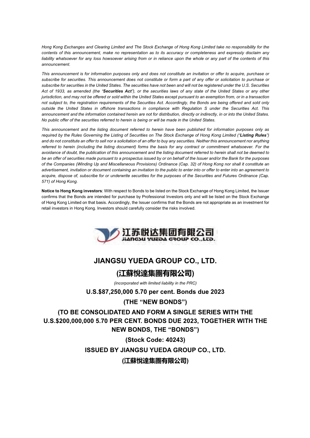JIANGSU YUEDA GROUP CO., LTD. (江蘇悅達集團有限公司 ) (Incorporated with Limited Liability in the PRC) U.S.$87,250,000 5.70 Per Cent