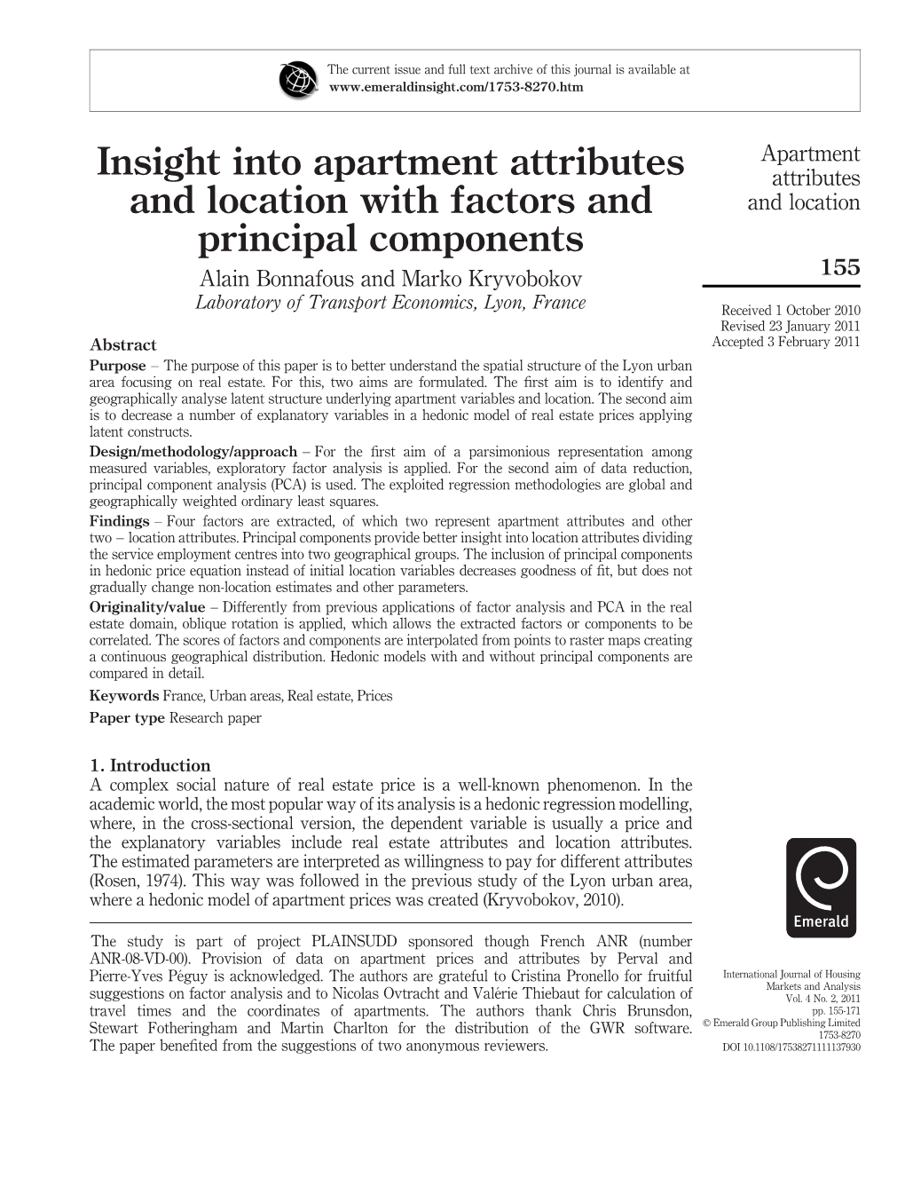 Insight Into Apartment Attributes and Location with Factors and Principal