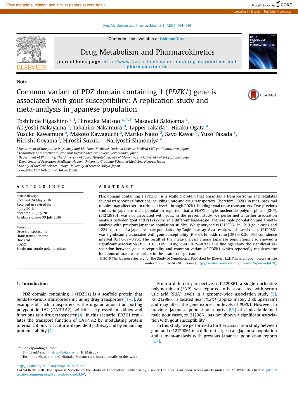 (PDZK1) Gene Is Associated with Gout Susceptibility: a Replication Study and Meta-Analysis in Japanese Population