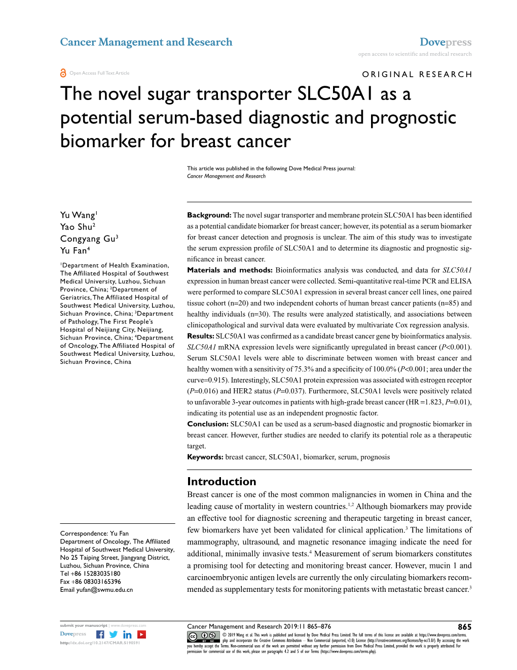 The Novel Sugar Transporter SLC50A1 As a Potential Serum-Based Diagnostic and Prognostic Biomarker for Breast Cancer