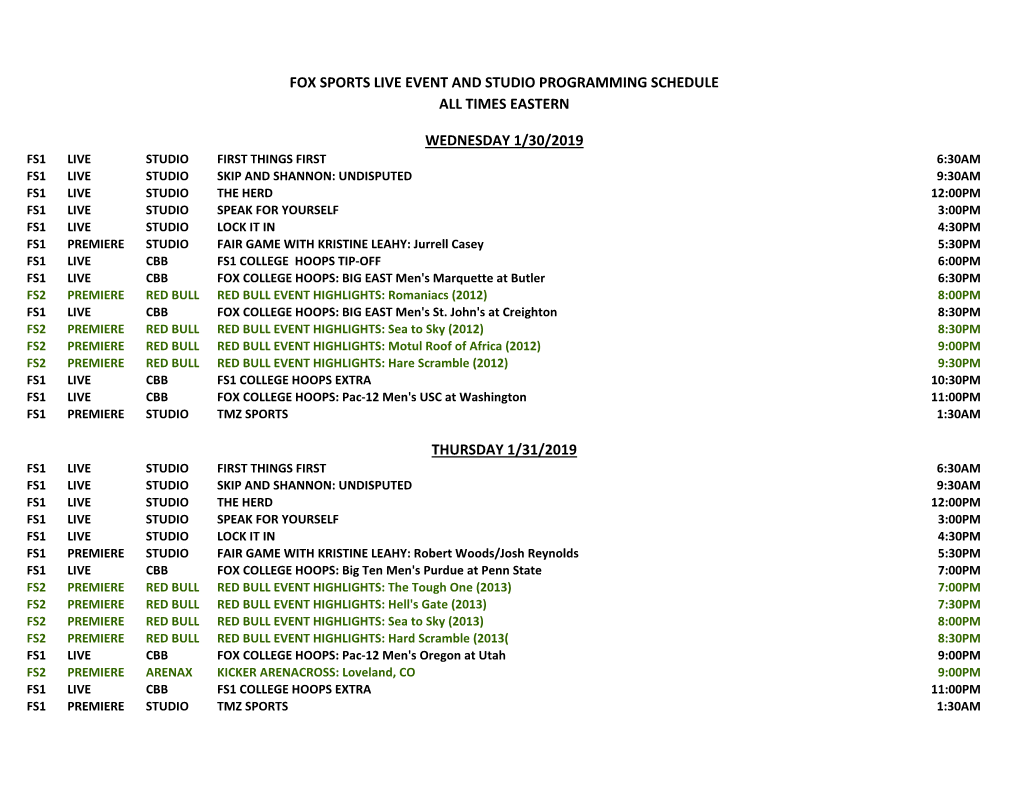 Fox Sports Live Event and Studio Programming Schedule All Times Eastern