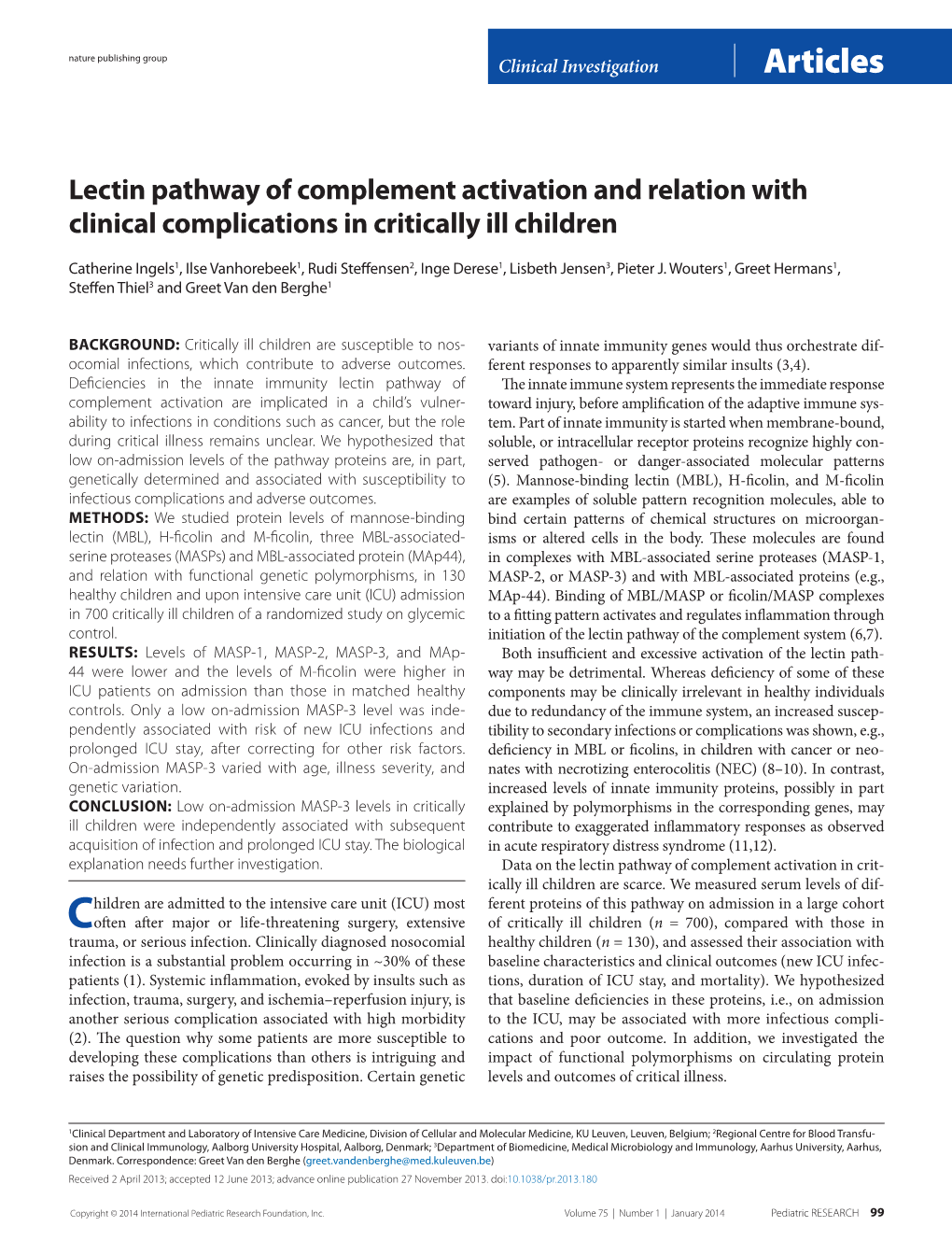 Lectin Pathway of Complement Activation and Relation with Clinical Complications in Critically Ill Children