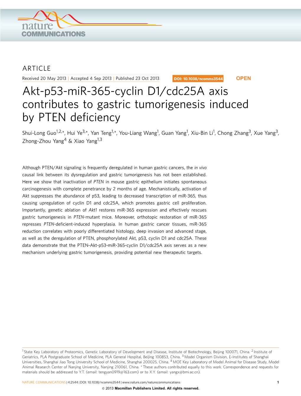 Akt-P53-Mir-365-Cyclin D1/Cdc25a Axis Contributes to Gastric Tumorigenesis Induced by PTEN Deﬁciency