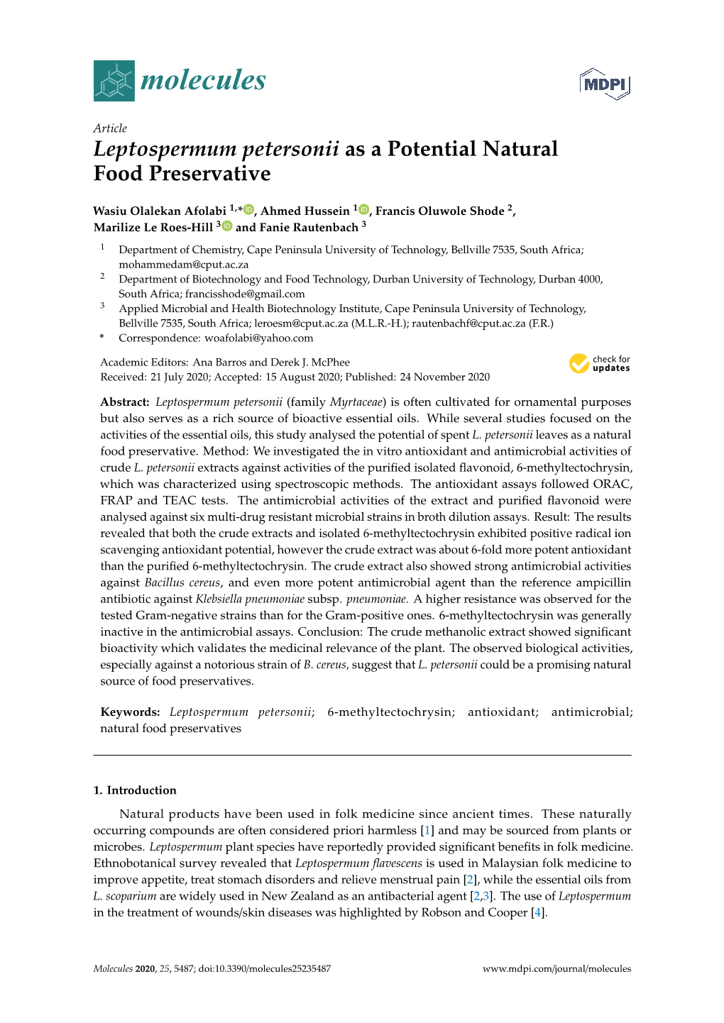 Leptospermum Petersonii As a Potential Natural Food Preservative