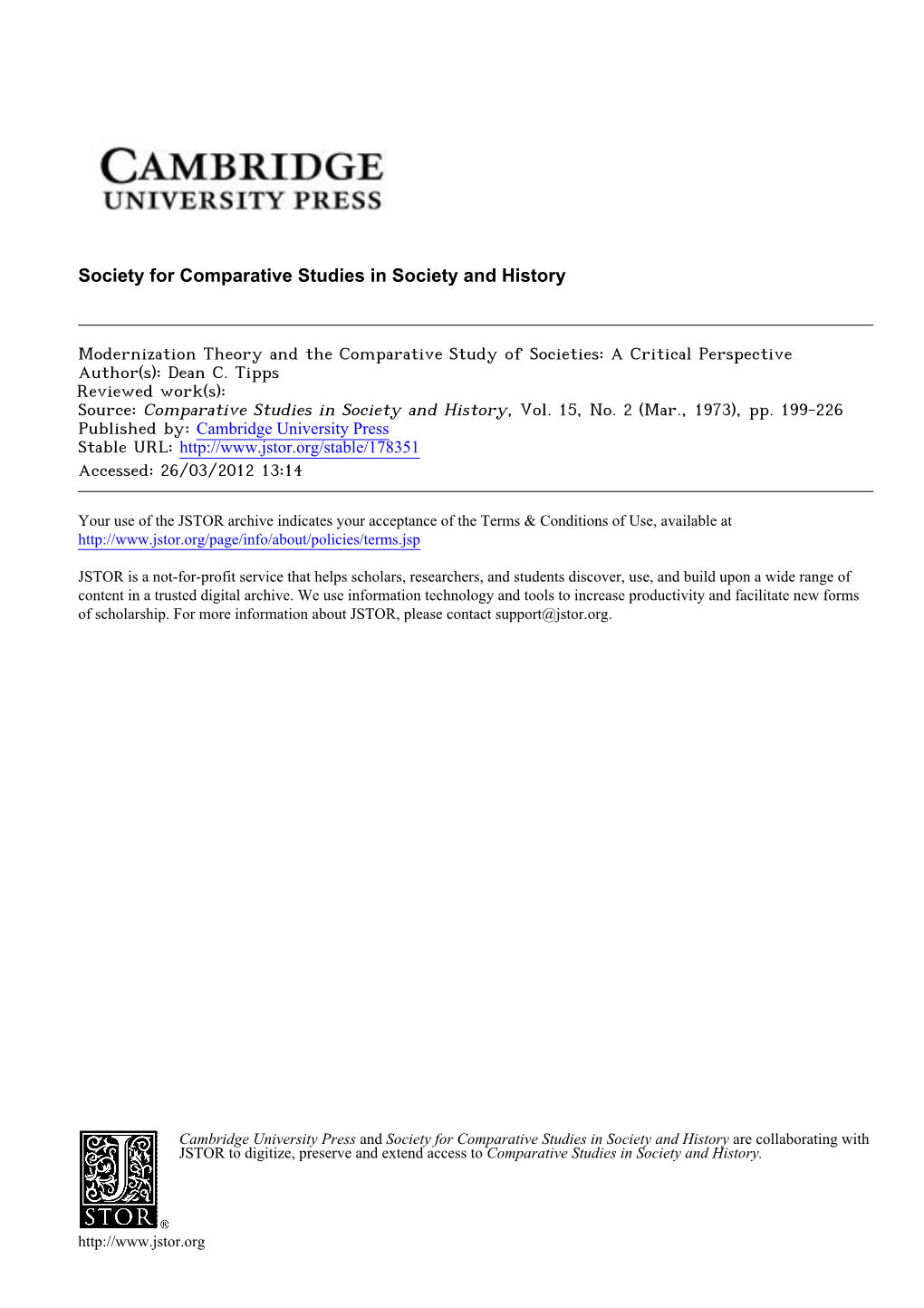 Modernization Theory and the Comparative Study of Societies: a Critical Perspective Author(S): Dean C