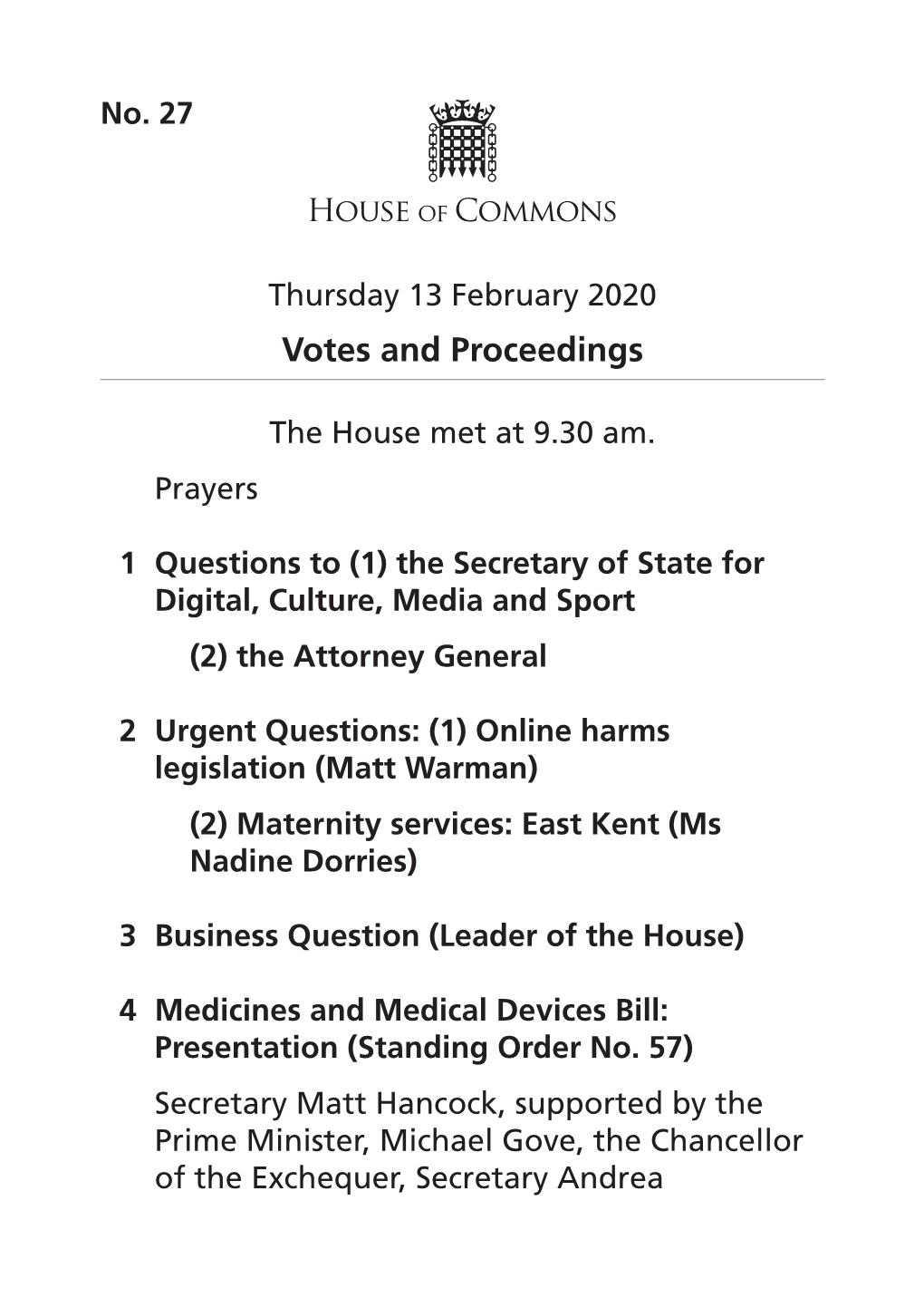 Votes and Proceedings for 13 Feb 2020