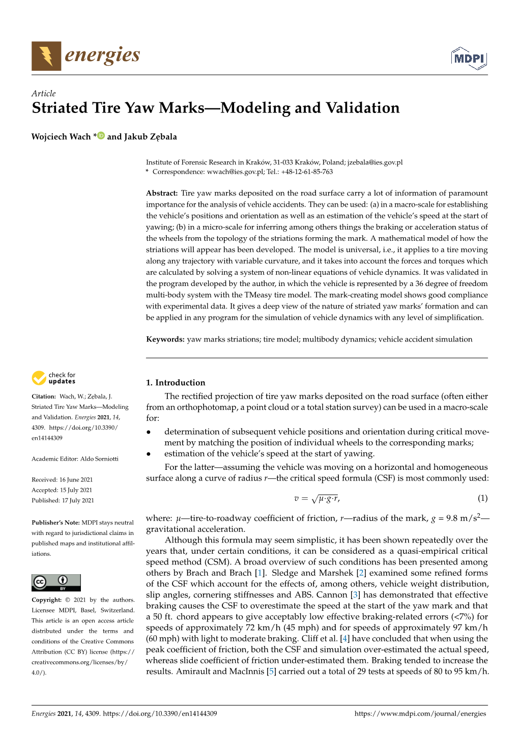 Striated Tire Yaw Marks—Modeling and Validation