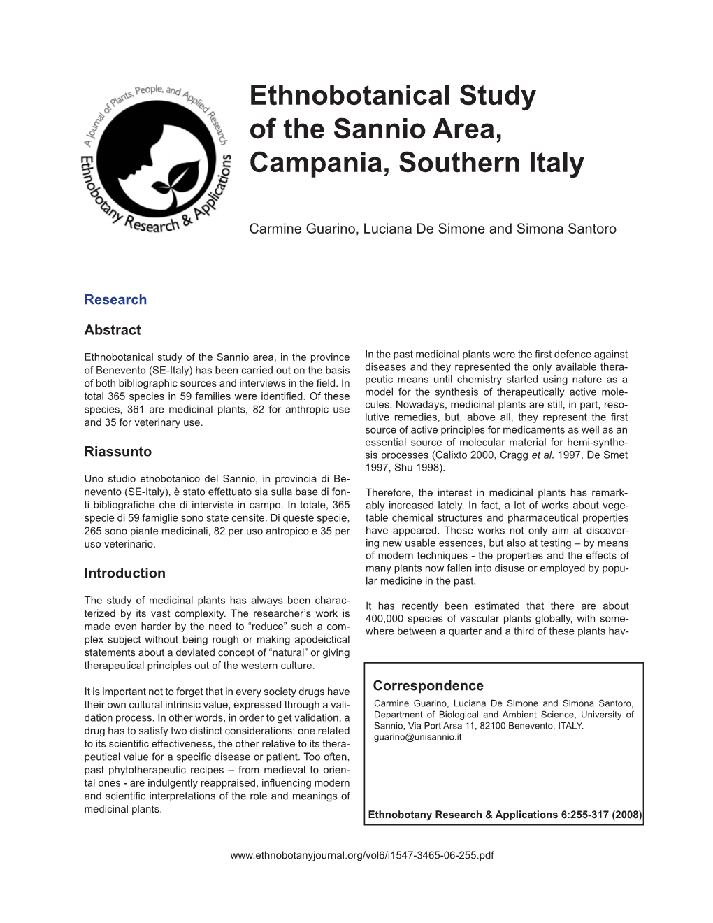 Ethnobotanical Study of the Sannio Area, Campania, Southern Italy