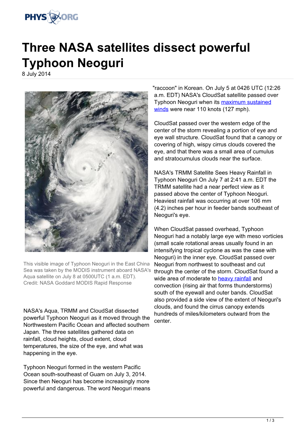 Three NASA Satellites Dissect Powerful Typhoon Neoguri 8 July 2014