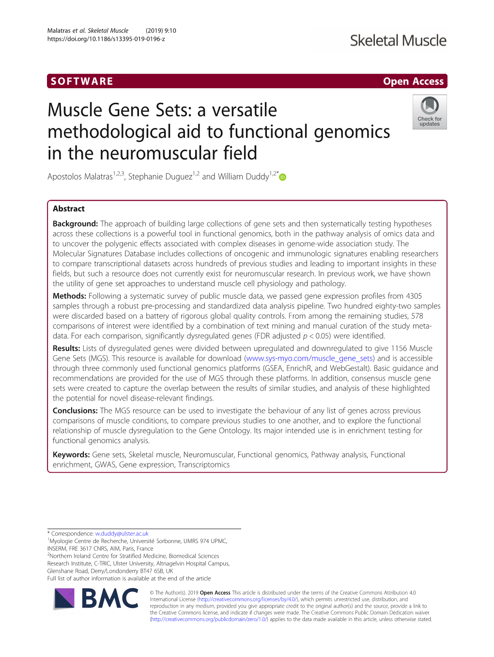 Muscle Gene Sets: a Versatile Methodological Aid to Functional Genomics in the Neuromuscular Field Apostolos Malatras1,2,3, Stephanie Duguez1,2 and William Duddy1,2*