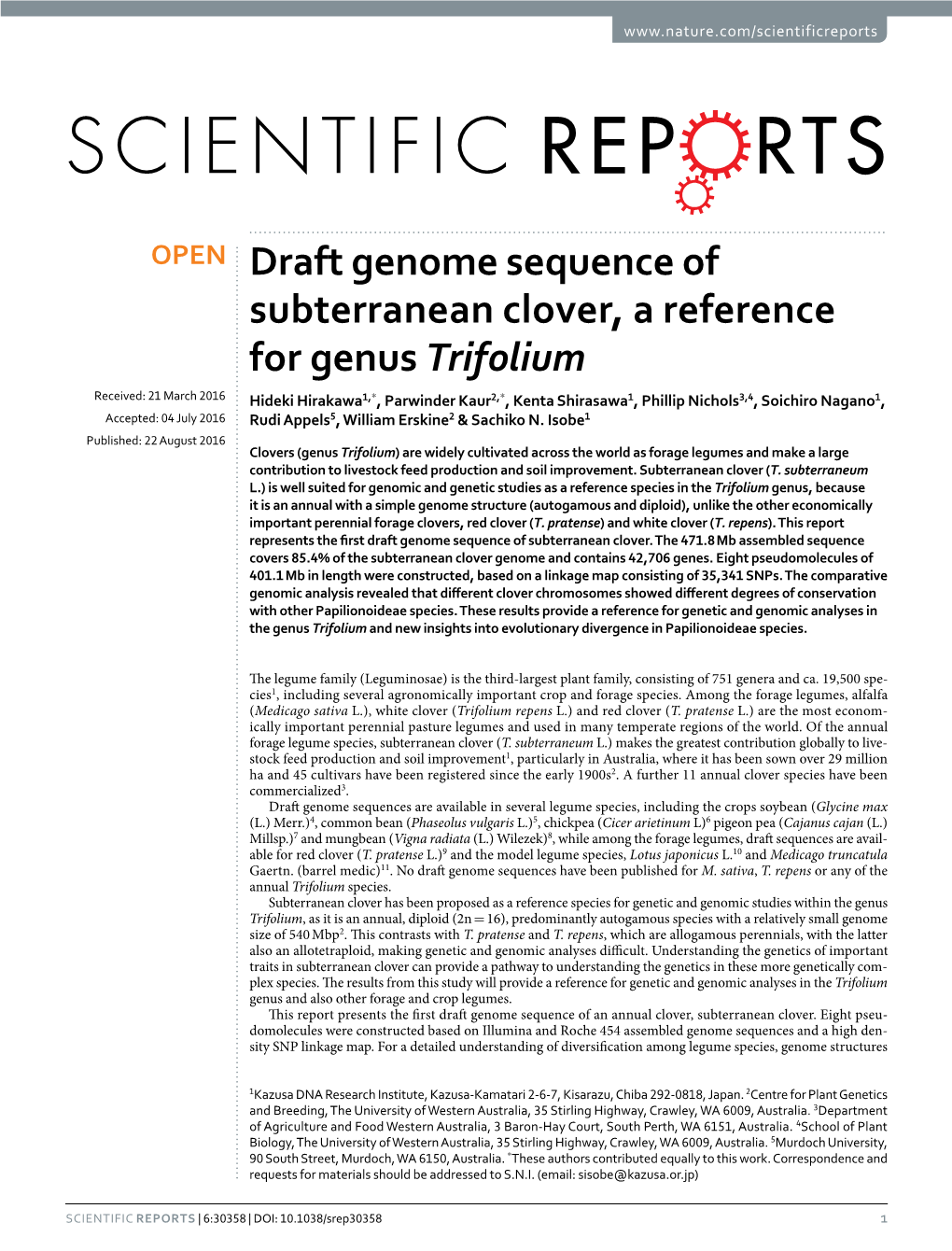Draft Genome Sequence of Subterranean Clover, a Reference For