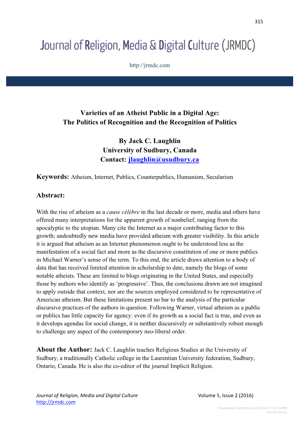 Varieties of an Atheist Public in a Digital Age: the Politics of Recognition and the Recognition of Politics