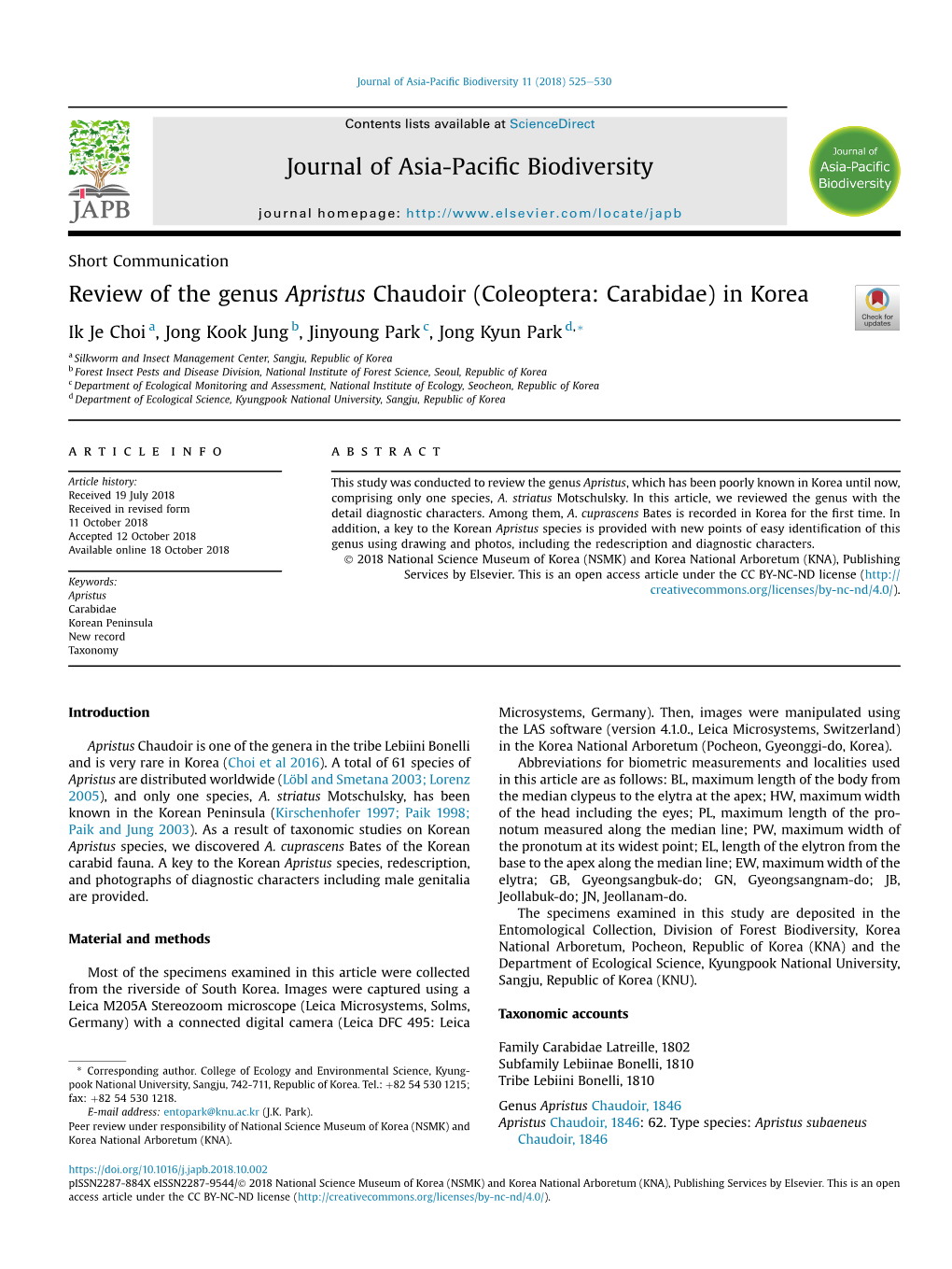 Review of the Genus Apristus Chaudoir (Coleoptera: Carabidae) in Korea