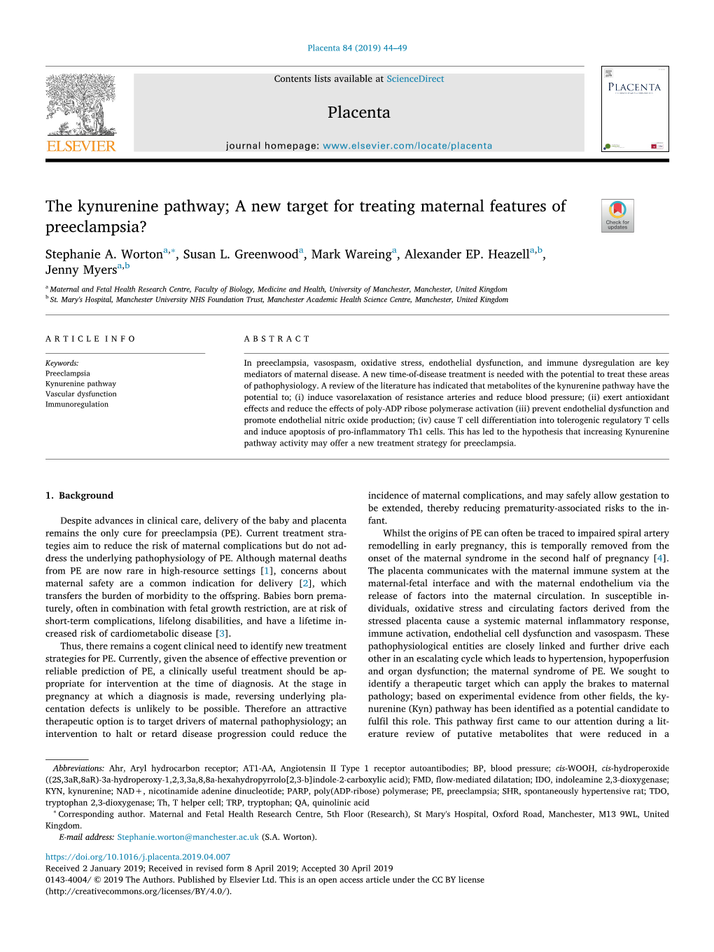 The Kynurenine Pathway; a New Target for Treating Maternal Features of Preeclampsia?