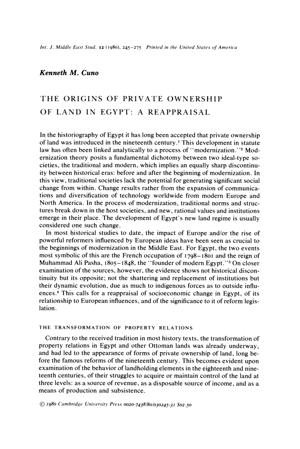 Kenneth M. Cuno the ORIGINS of PRIVATE OWNERSHIP OF