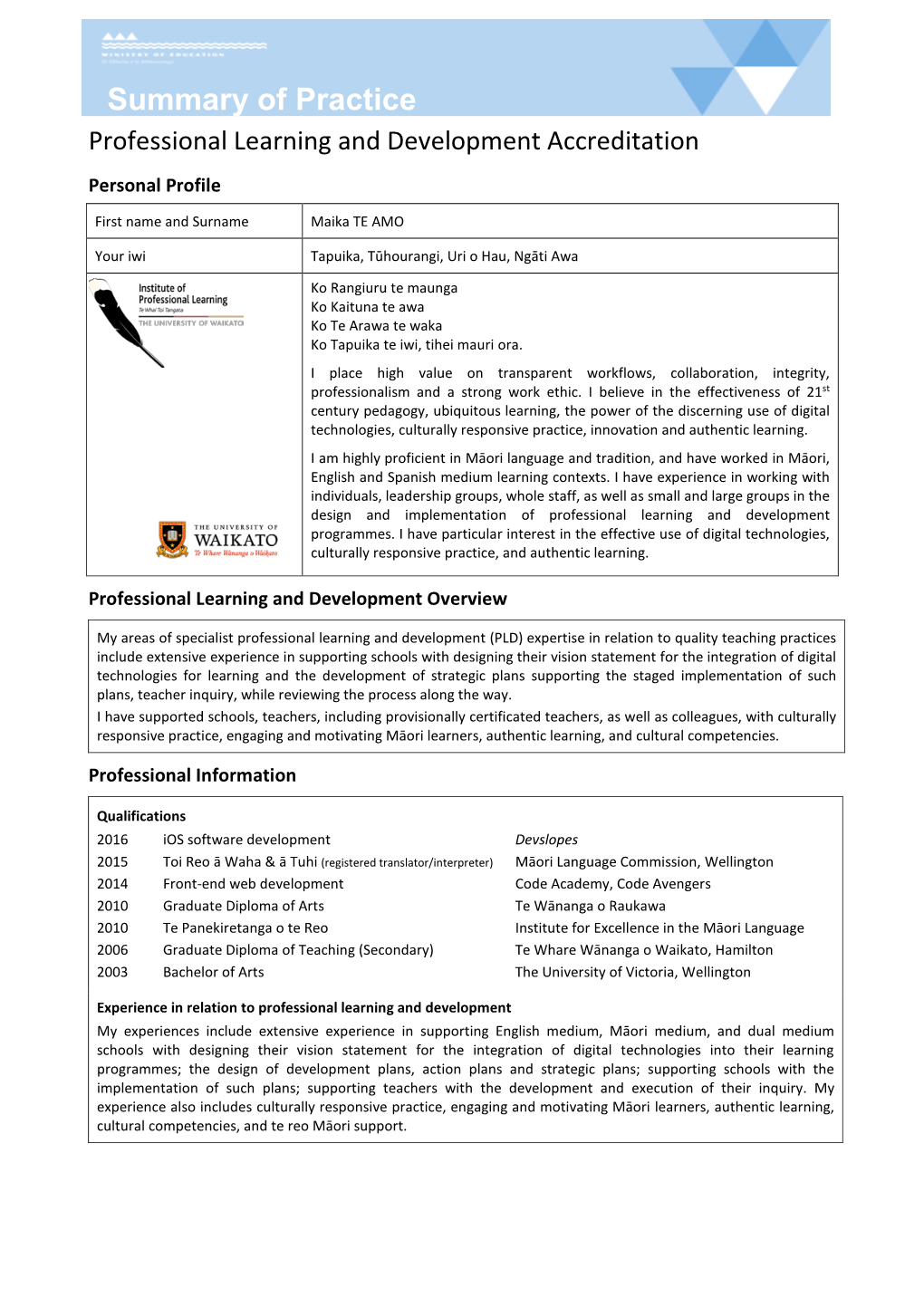 Summary of Practice Professional Learning and Development Accreditation Personal Profile