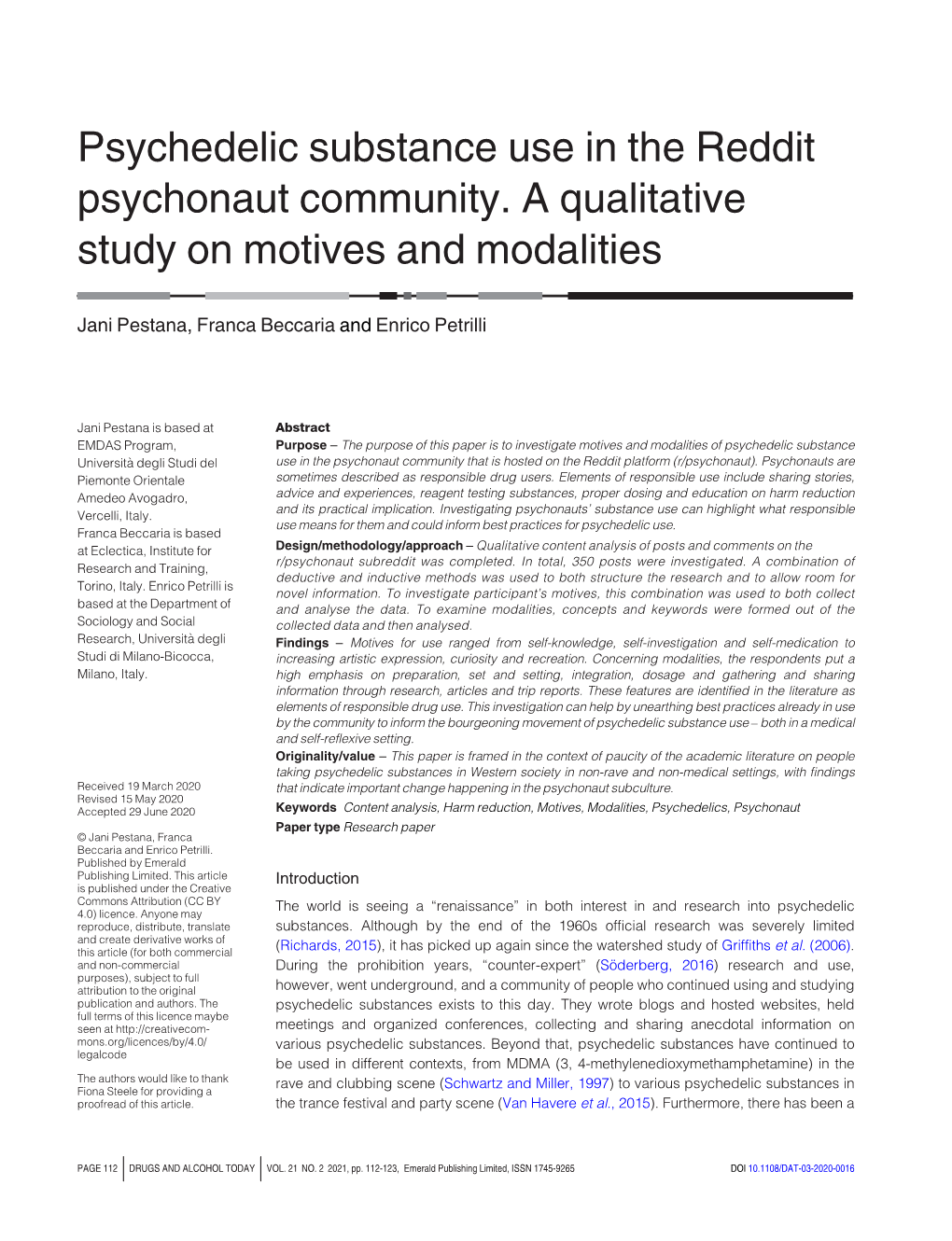 Psychedelic Substance Use in the Reddit Psychonaut Community. a Qualitative Study on Motives and Modalities