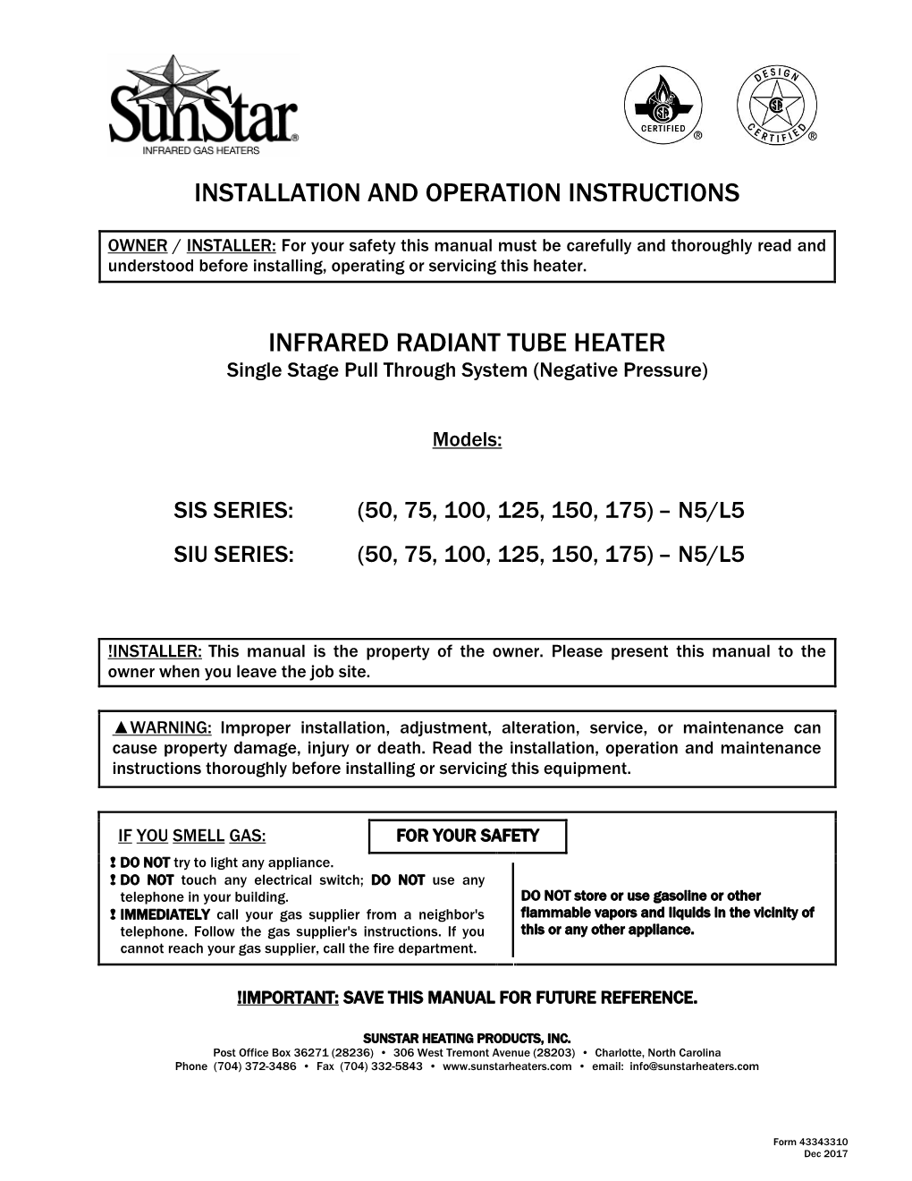 Installation and Operation Instructions Infrared