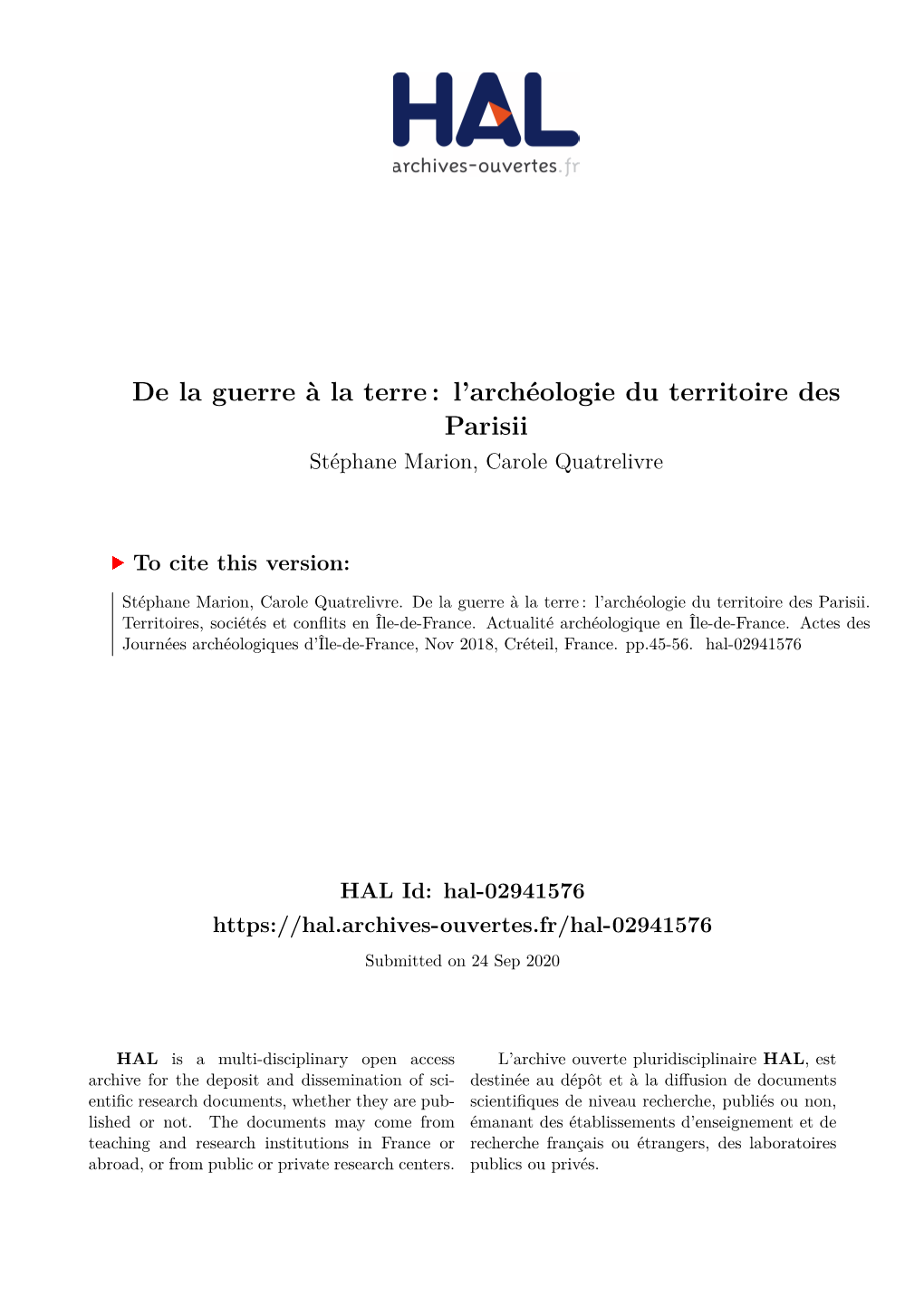 De La Guerre À La Terre: L'archéologie Du Territoire Des Parisii