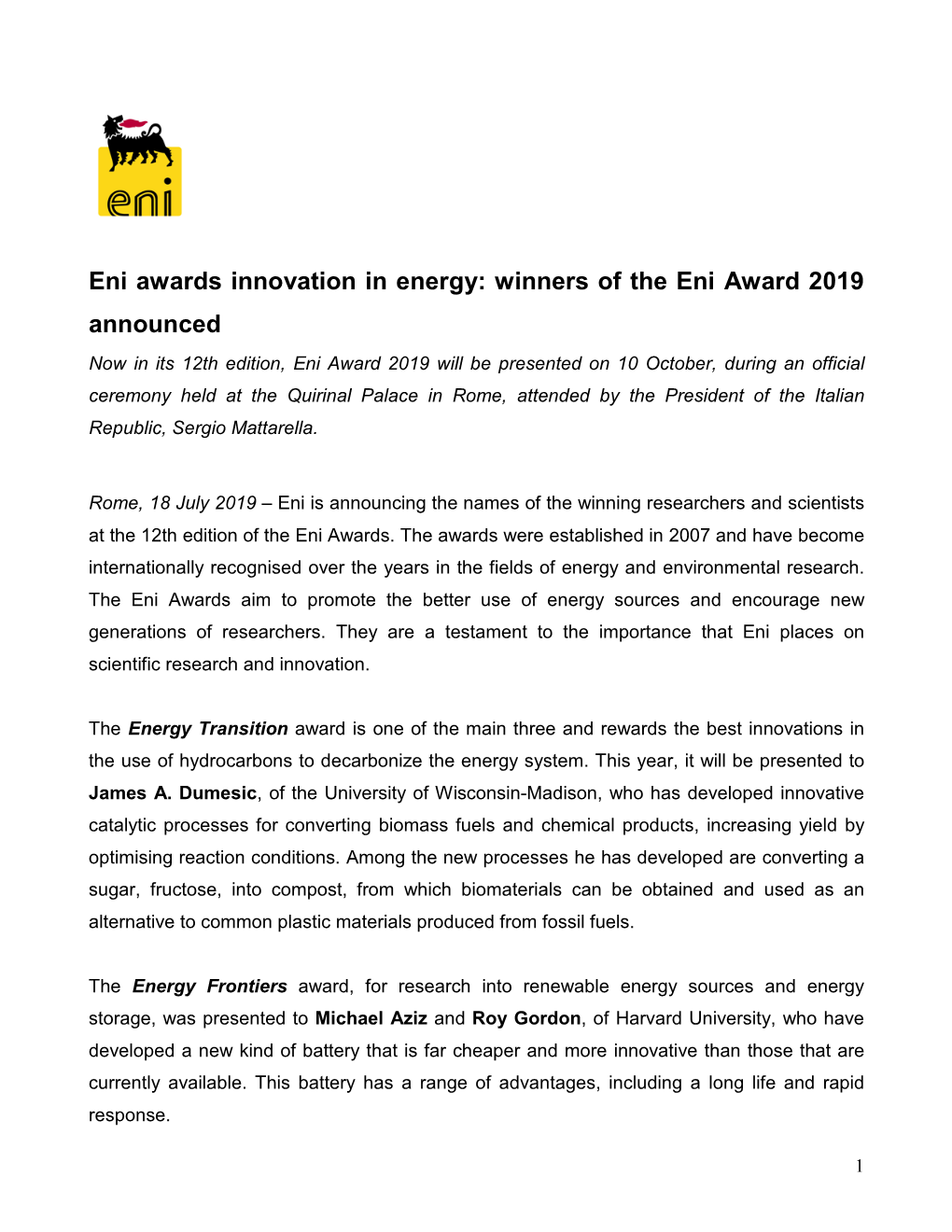 Winners of the Eni Award 2019 Announced