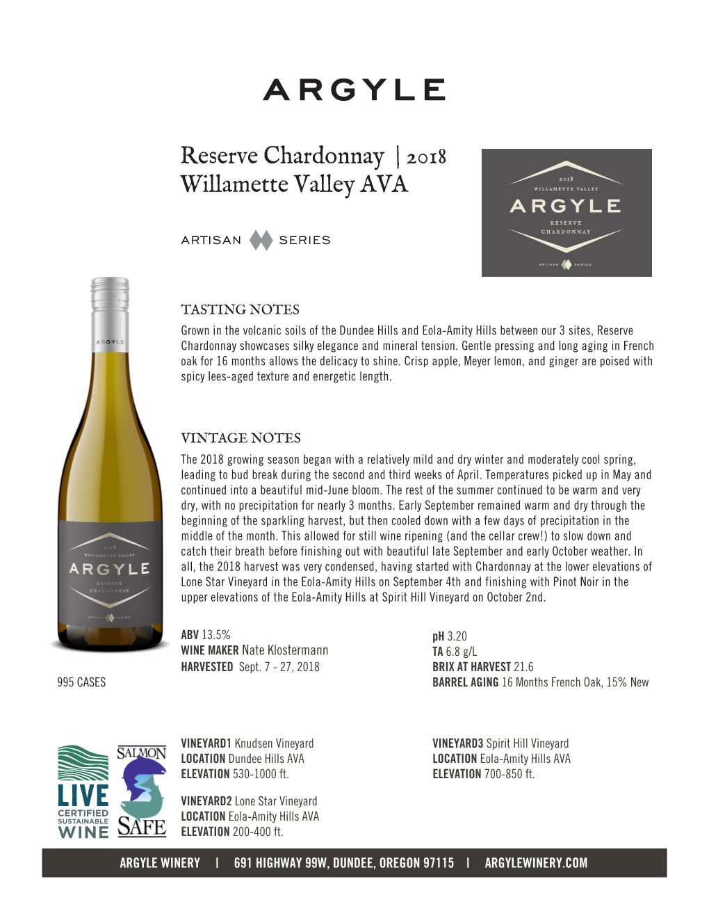 Reserve Chardonnay | 2018 Willamette Valley AVA
