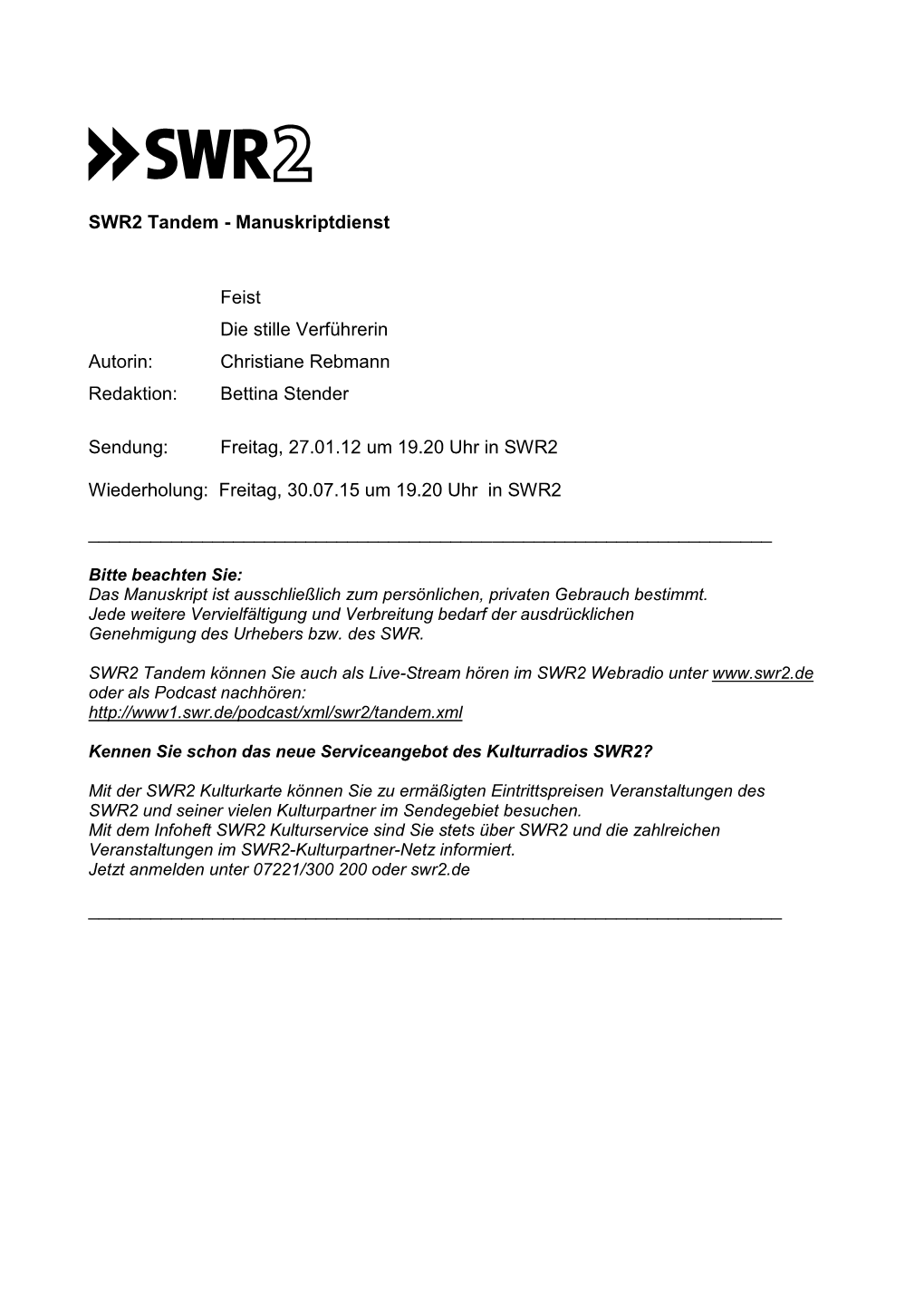 SWR2 Tandem - Manuskriptdienst