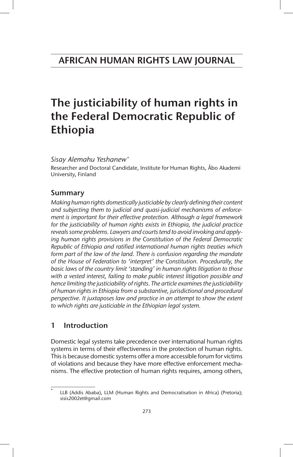 The Justiciability of Human Rights in the Federal Democratic Republic of Ethiopia