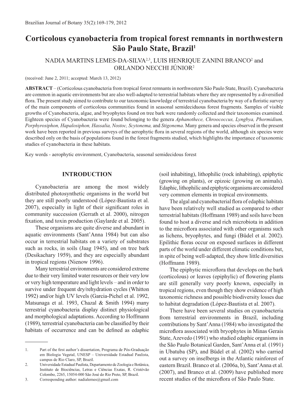 Corticolous Cyanobacteria from Tropical Forest Remnants In