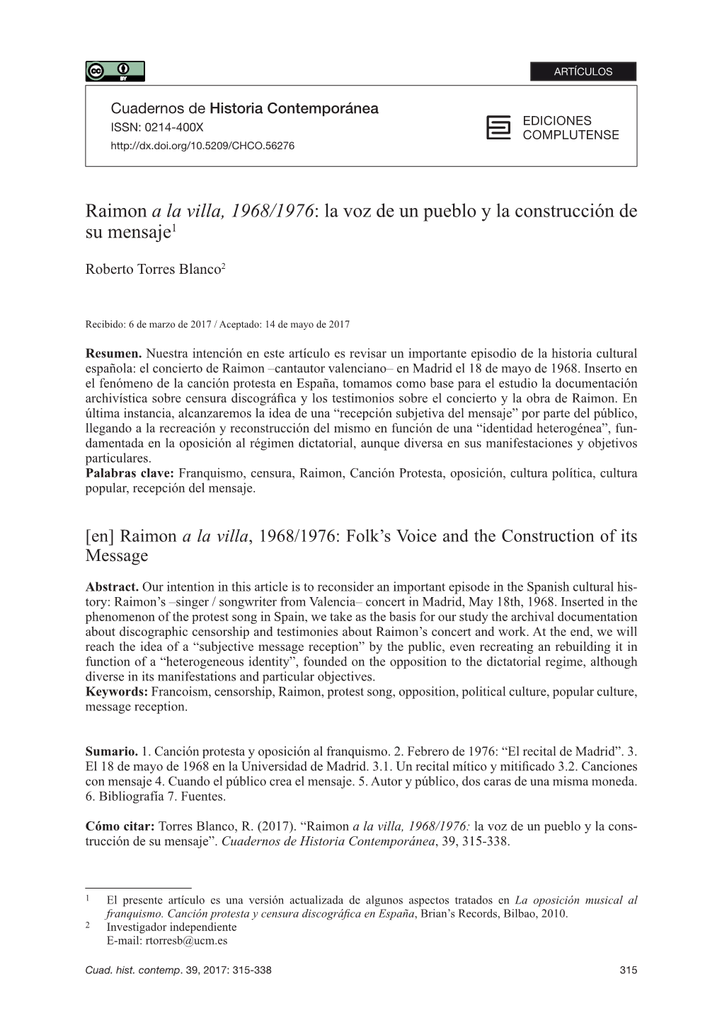 Raimon a La Villa, 1968/1976: La Voz De Un Pueblo Y La Construcción De Su Mensaje1