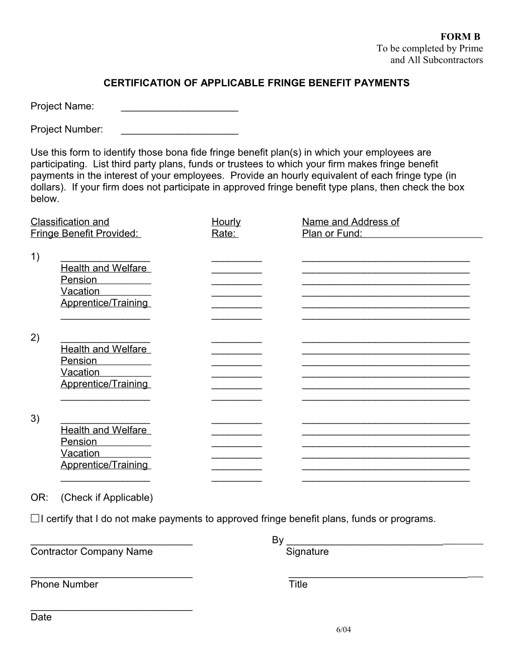 Certification of Applicable Fringe Benefit Payments